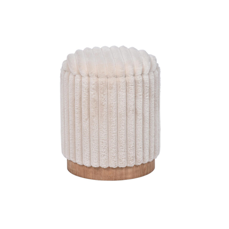 Round Storage Ottoman with Beige Channel Furry Fabric - 14.6''