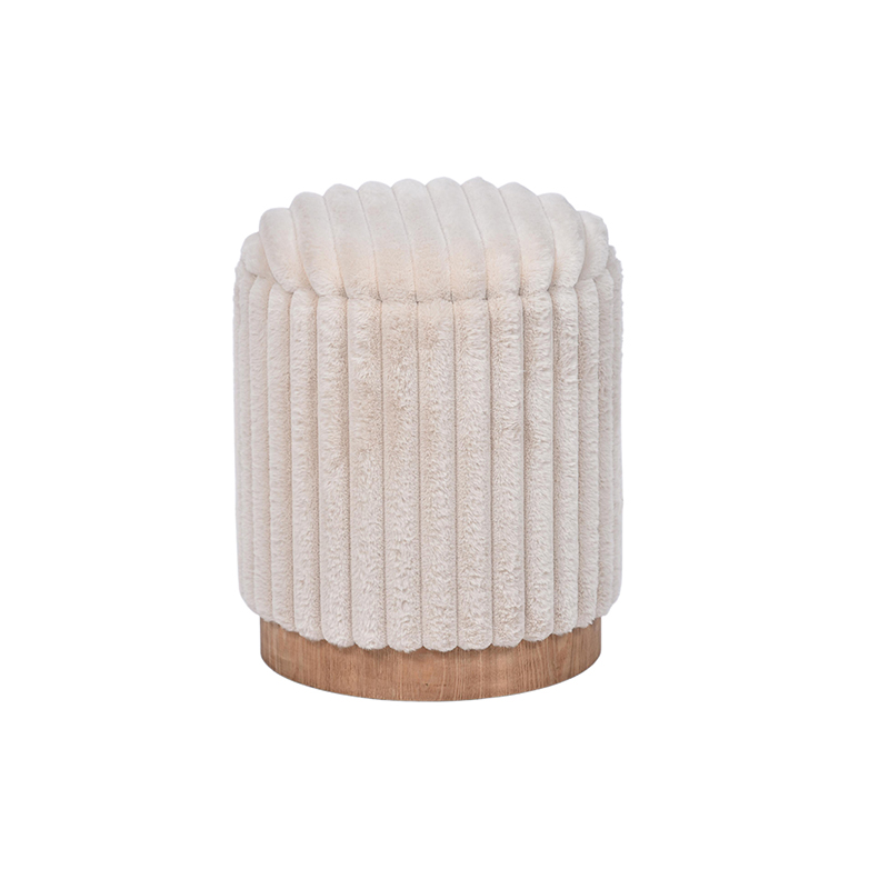 Round Storage Ottoman with Beige Channel Furry Fabric - 14.6''
