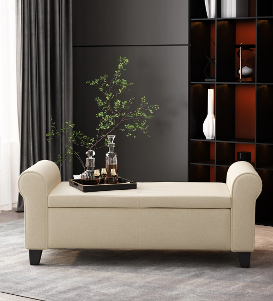 Bedroom Storage Bench Arm Bench with Tufted Flip Top 48'', Brown Fabric