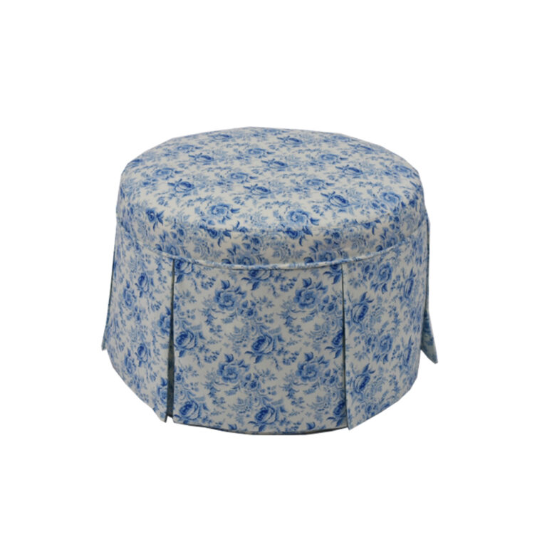 Decorative Ottoman with Fabric Skirt – 18", Blue Linen