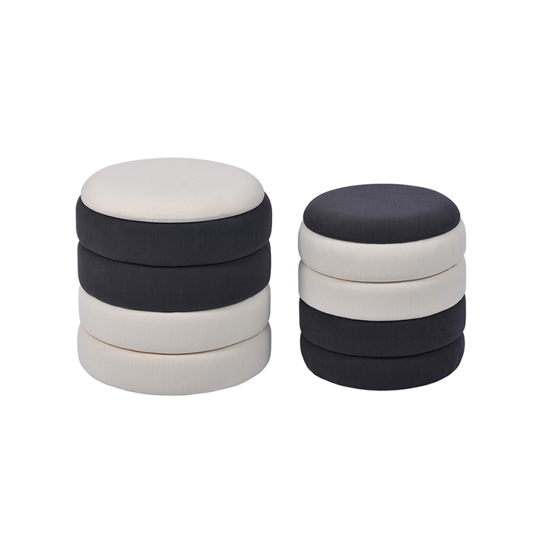 Round Storage Hassock - 16.9'', Set of 2, Black White Corduroy Texture