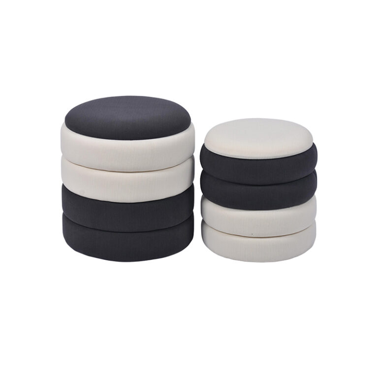 Round Storage Hassock - 16.9'', Set of 2, Black White Corduroy Texture