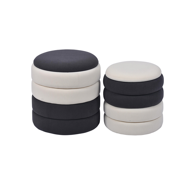 Round Storage Hassock - 16.9'', Set of 2, Black White Corduroy Texture