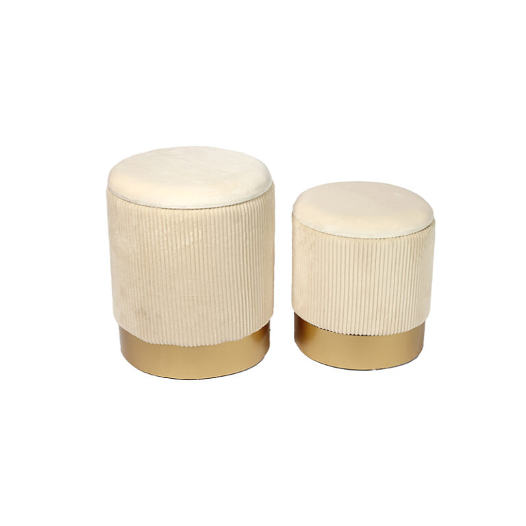 Set of 2 Pouf Beige Velours Round Storage Pouffe Ottoman
