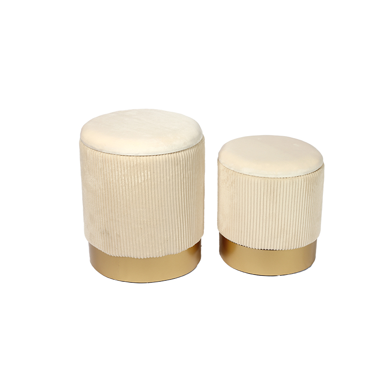 Set of 2 Pouf Beige Velours Round Storage Pouffe Ottoman