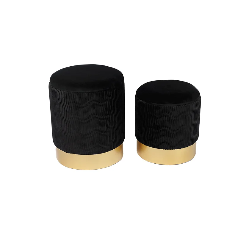Set of 2 Pouf Beige Velours Round Storage Pouffe Ottoman