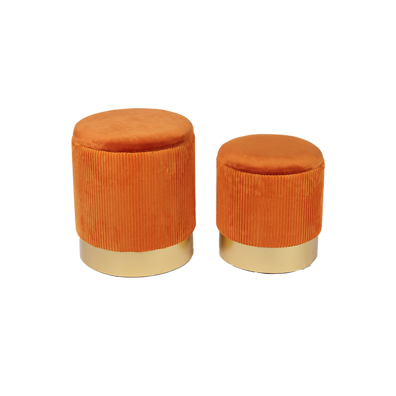 Set of 2 Pouf Beige Velours Round Storage Pouffe Ottoman