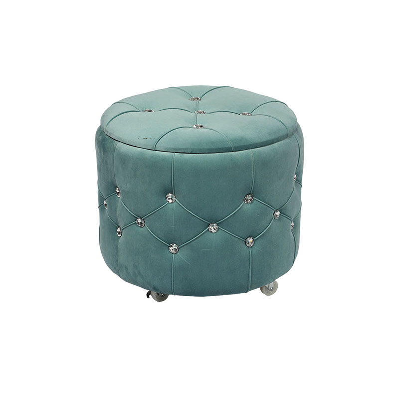 17.3'' Blue Fabric Padded Ottoman with Storage, Wheels and Faux Crystal