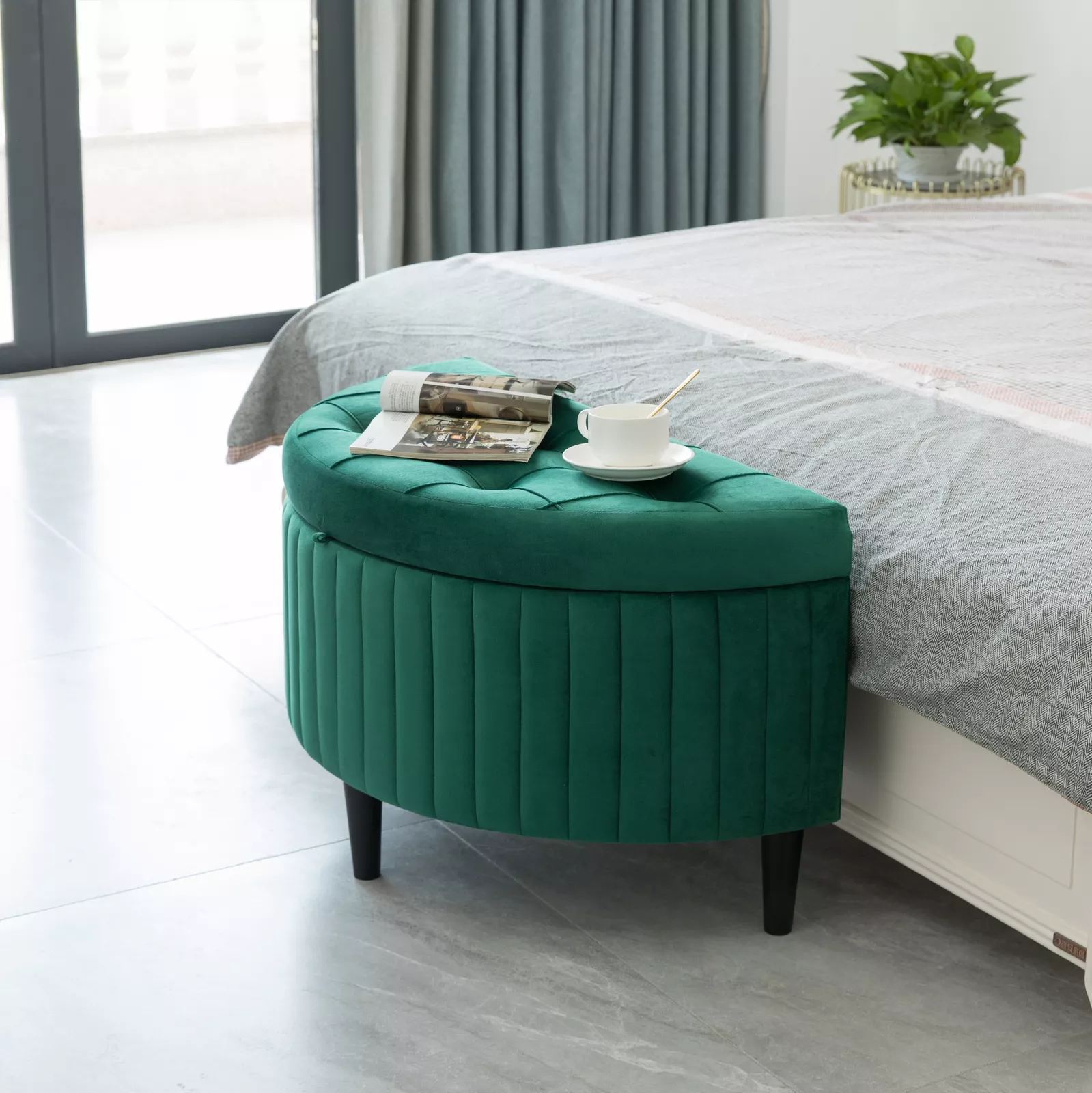 32.5inch Green Velvet Tufted Half Moon Storage Ottoman
