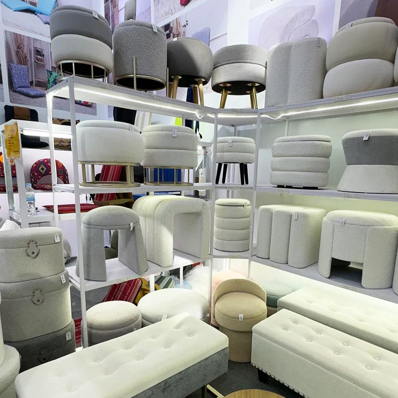 20'' White Boucle Footstool Round Ottoman Storage Pouffe