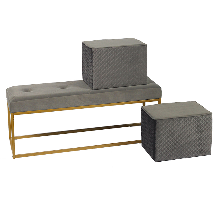 47.6'' Grey Velvet Metal Seat Hallway Bench with Ottomans