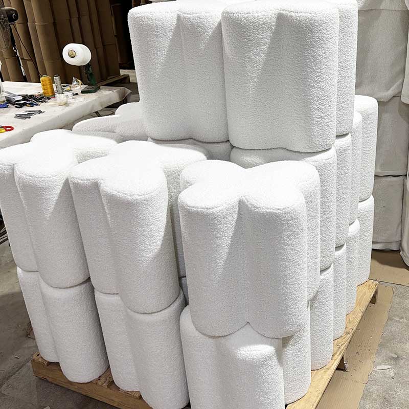 20'' White Boucle Footstool Round Ottoman Storage Pouffe