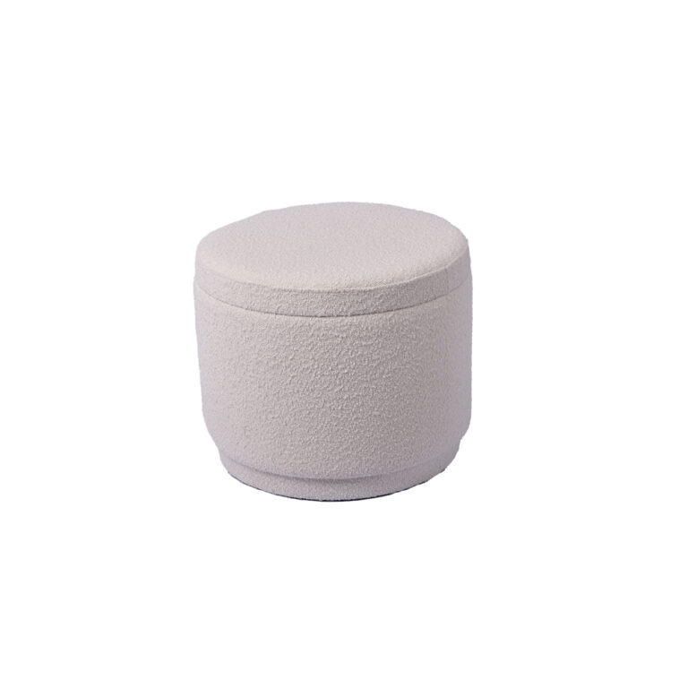 20'' White Boucle Footstool Round Ottoman Storage Pouffe