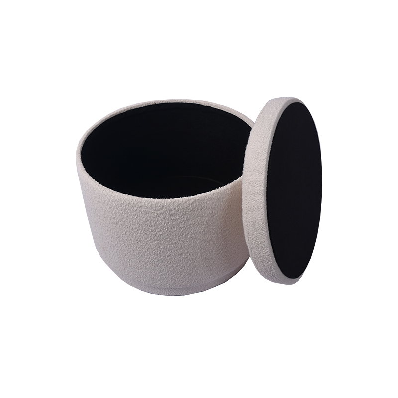 20'' White Boucle Footstool Round Ottoman Storage Pouffe
