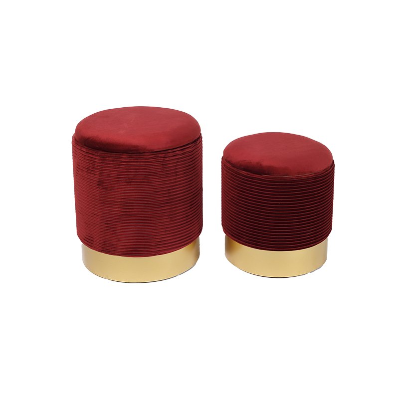 Custom Set of 2 Round Storage Orange Ottoman with Iron Base