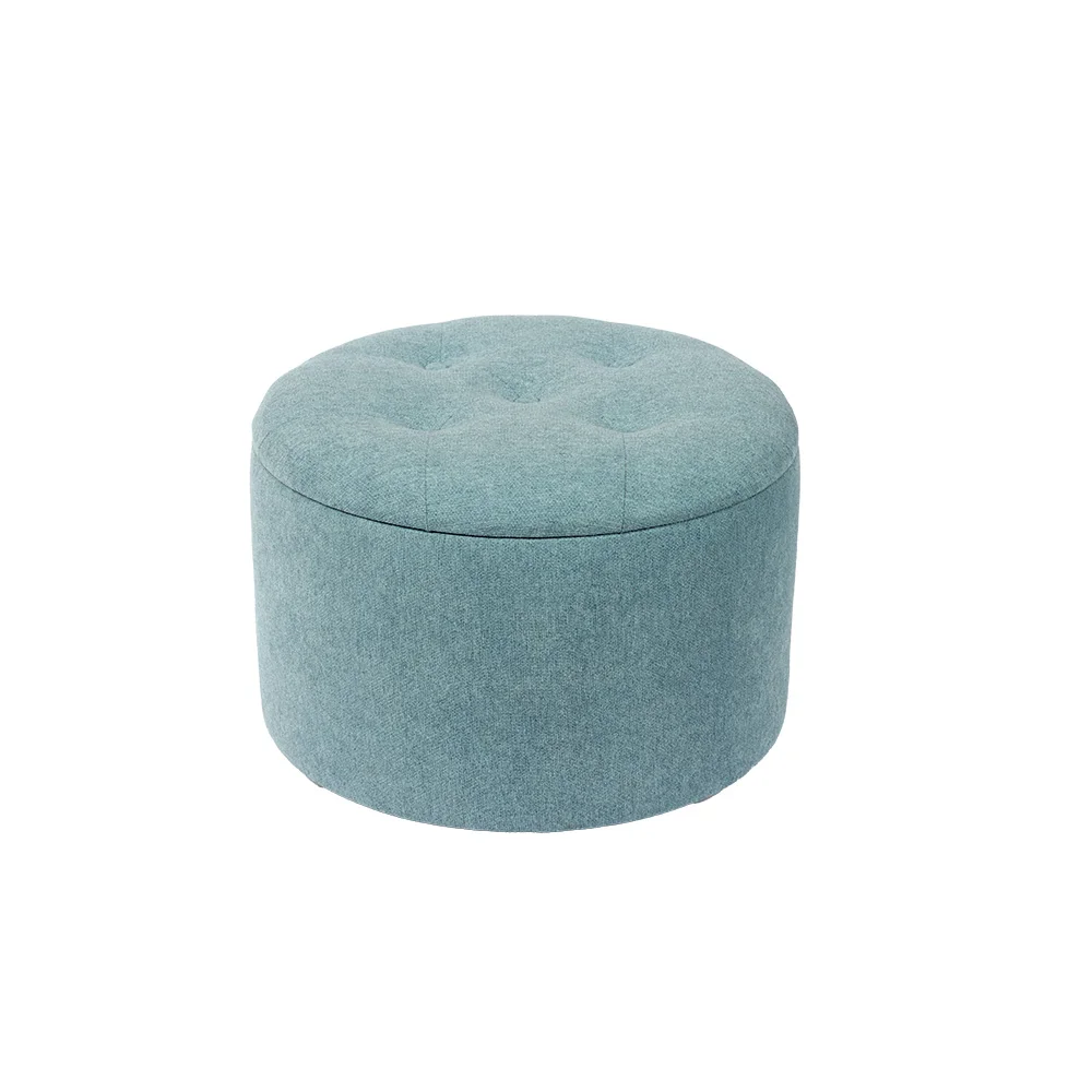 24 Inches Mid Century Blue Velveteen Round Ottoman with Storage