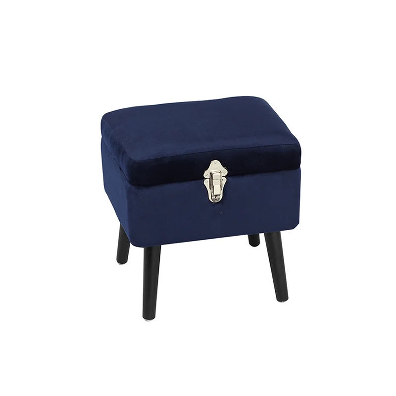 Wholesale 15.7'' Navy Upholstered Footstool with Storage and Black Wood Leg