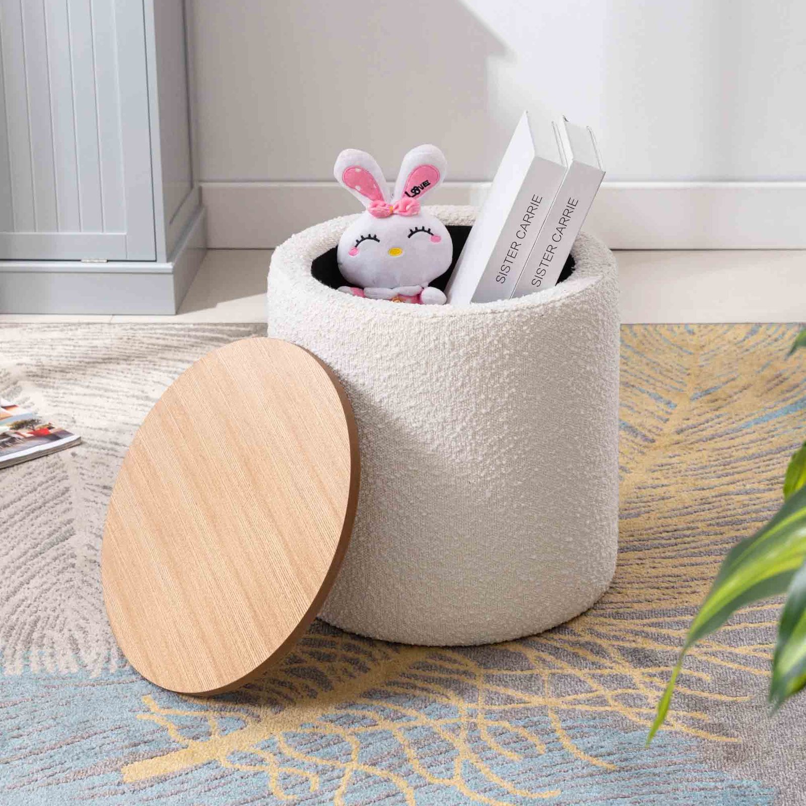 Coffee Table Ottoman Sherpa Fabric Round Ottoman with Storage Function